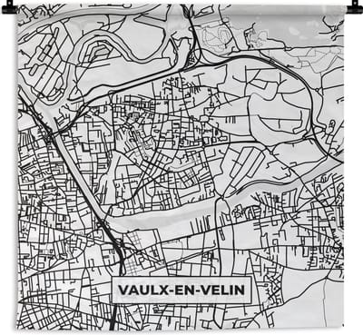 Wandkleed - Wanddoek - Frankrijk - Kaart - Plattegrond - Stadskaart - Vaulx-en-Velin - Zwart wit - 180x180 cm - Wandtapijt