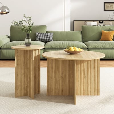 MODFU Moderne 2-delige Houten Nesttafel Set – Ronde Salontafels & Koffietafels in Scandinavisch Design, MDF/PB Bouw, Ruimtebesparend