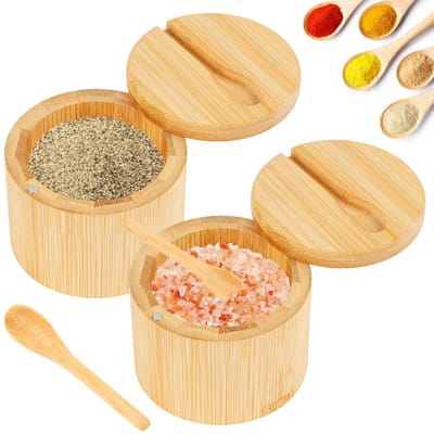 Dailygoods- Zoutdoos 2 stuks - Bamboe zoutcontainer met magnetisch zwenkdeksel - Kruidenpotje - Antibacterieel - 9 x 7 cm - Inclusief 2 lepels - Specerijpot