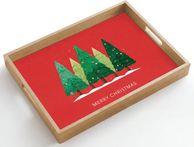 Dienblad hout 50x35 cm - Schootdienblad - Minimalistisch - Kerstbomen - Rood - Sneeuw - Borrelplank rechthoek - Plateau dienbladen