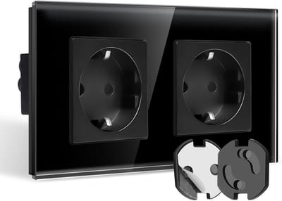 Dubbel Schuko Wandcontactdoos Zwart Glas met Kinderbeveiliging en Draaimechanisme