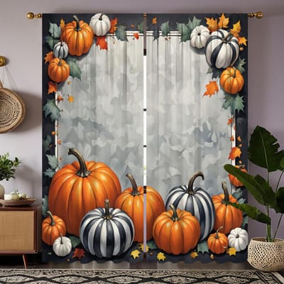 2 PIÈCES Rideau numérique HD imprimé gris Cravate Citrouille d'Halloween Feuille d'érable Style décoration de maison Décorer salon chambre à coucher Accrocher sur tige W52H63inchW132H160cm white
