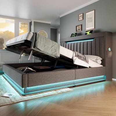 MEUNIQ tweepersoons bed 180x200 cm met opbergruimte, LED-verlichting, USB en USB-C, hydraulisch opklapbaar bedframe met stoffen bekleding voor slaapkamer, grijs