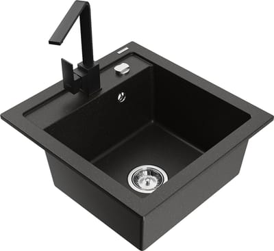 Mexen Vito granieten spoelbak 1-komors met keukenmengkraan Rita, zwart/goud metallic - 6503-75-670300-70