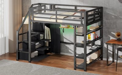 Zubaliya Hoogslaper 140x200 cm met Bureau, Kledingkast en LED Verlichting – Metalen Hoogslaper Zwart met Opbergruimte