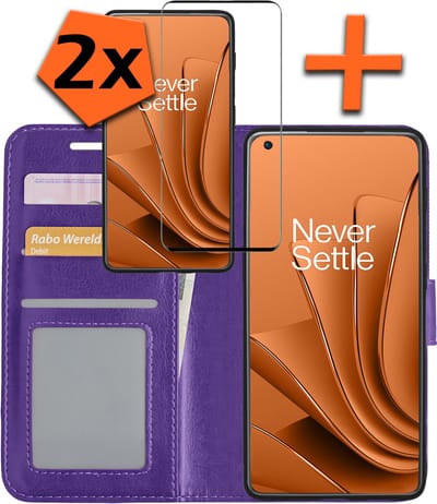 Hoes - Met 2x Screenprotector - Geschikt voor OnePlus 10 Pro - Luxe Pasjeshouder - Bookcase Portemonee - Flip Case - Kunstleer Book Case - Flipcase Hoes - Book Cover - Walletcase - PortemonneeHoes - Paars