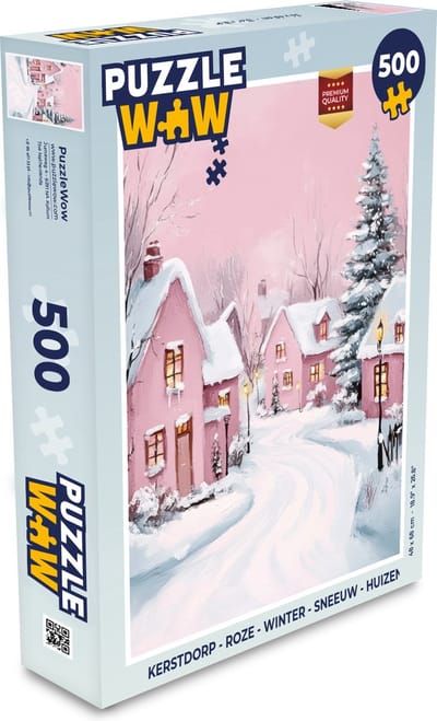 Puzzel Kerstdorp - Roze - Winter - Sneeuw - Huizen - Legpuzzel - Puzzel 500 stukjes - Kerst - Cadeau - Kerstcadeau voor mannen, vrouwen en kinderen