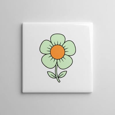 Minimalistische Bloem Keramische Tegel 15x15 cm – Schattige Groen-Oranje Lijntekening | Moderne Woondecoratie Cadeau