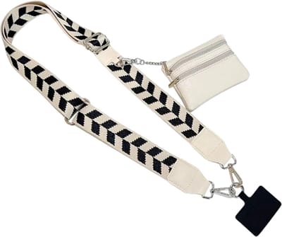 Crossbody Telefoonkoord met Ritsvak en Portemonnee – Handsfree Telefoon Lanyard, Smartphone Nekkoord & Schouderband voor Dames - Zwart en wit