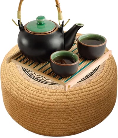 Buiten Ottoman Poef - Ronde Voetenbank - Ontspannen Zitten - Handgeweven Rotan - 40 cm Doorsnede - Zwart