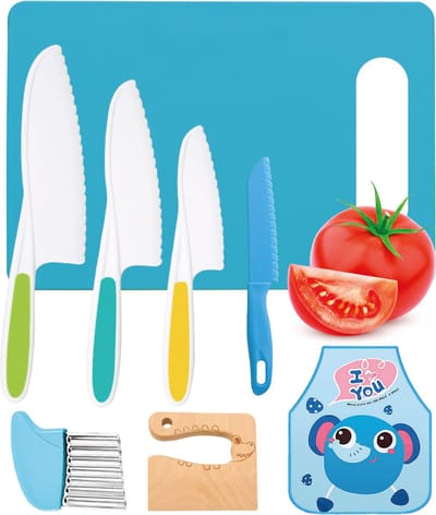 Qwali Blue Kindermessen Set - Veilig - Inc. snijplank - Kinder - bestek - Messen Kind - Keuken - Speelgoed Montessori - Kinderbestek - Kindermessenset