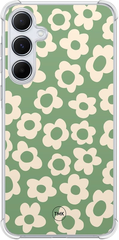 Shockproof hoesje geschikt voor Samsung Galaxy A55 - Retro cute flowers - Schokbestendig - Verhoogde randen - TPU case - Extra Sterke Back Cover - Bloemen - Transparant, Groen