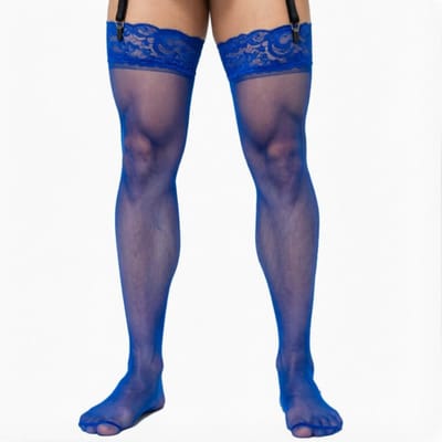 Vintage Heren Donkergroene Lange Sokken Transparante Zijdezachte Kant Kousen Koffie Zwart Grijs Blauwe Kleur Mannen Sokken Calcetines Hombres One Size blue