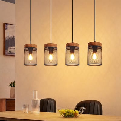 NETTLIFE Vintage Hanglamp - Hout - Zwart - 4 Lichts - E14 Pendellamp - Retro Stijl Metaal Eettafellamp - Voor Woonkamer Eetkamer Keuken Restaurant - Zonder Lampen