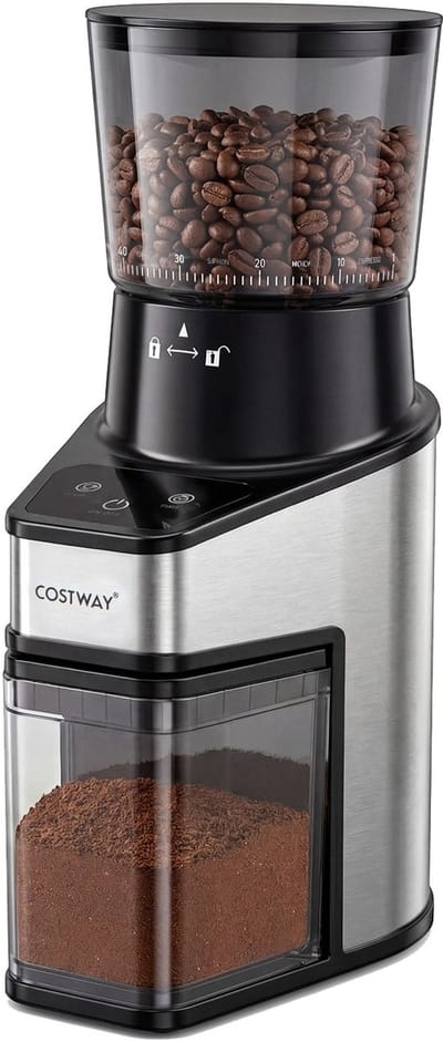 COSTWAY Elektrische koffiemolen met conische maalschijf, espressomolen met 60 maalstanden, timer van 1-60 seconden en capaciteit voor 1-8 kopjes, 250 g koffiebonen, borstel en klem, zwart