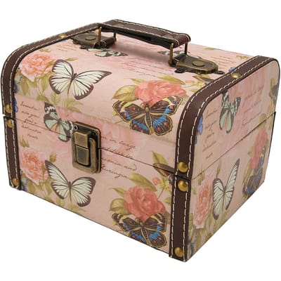 Boîte Coffre au Trésor Motif Papillon Rose Exquise Rétro en Bois et Cuir PU Boîte de Rangement pour Fille