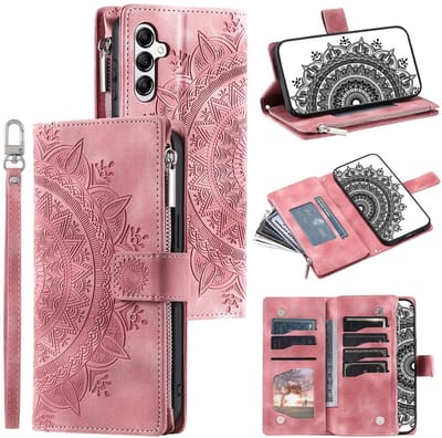 Telefoonhoesje geschikt voor Samsung Galaxy S25 FE - Portemonnee met rits - book-case hoesje - ruimte voor 8 pasjes - mandala roze