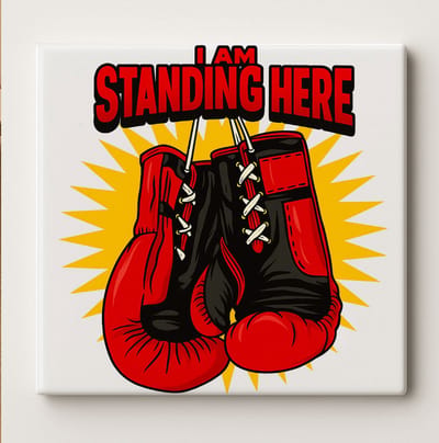 I Am Standing Here Boks Tegel – 15x15 cm Keramische Wanddecoratie – Motiverende Sportdecoratie & Cadeau voor Boksers en Atleten