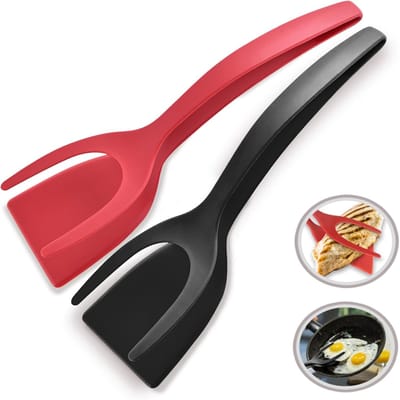 Daity Deze 2-in-1 spatel met clip is geschikt voor het maken van aardappelrösti - hamburgers - biefstukken - omeletten en pannenkoeken. Hij heeft een antiaanbaklaag op de spatelkop - een ergonomische handgreep en is hittebestendig (zwart - rood).
