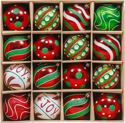 Kerstballen Set - Decoratie ballen - Kerstboom versieren - Verschillende finishes - 16 stuks 8cm - Rood groen wit