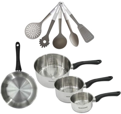 Fackelmann 9222550 Set van 3 RVS Kookpannen 12/16/20 cm & RVS Koekenpan 20 cm Geneva Zonder PFAS met 5 Keukengerei