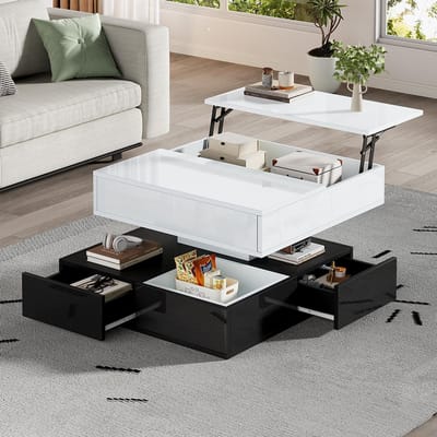 Pugsdrly Salontafel 70*70*40 cm met 360° draaibaar blad, dubbellaagse salontafel met 3 lades, geometrische glanzende salontafel, opklapbare salontafel, bijzettafel met opbergruimte, wit + zwart
