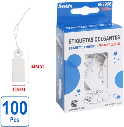 Decopatent - 100 Stuks Hangetiket Wit met koord - 13x34mm - Kleine prijskaartjes met koord - Draadetiketten - Prijslabels - Stelam Hanglabels - Hangetiketten - Rechthoekig 1.3x3.4 Cm - Wit etiket met witte draad