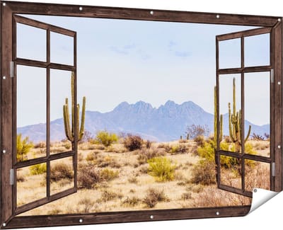 Gards Tuinposter Doorkijk Cactussen in de Woestijn - 180x120 cm - Tuindoek - Tuindecoratie - Wanddecoratie buiten - Tuinschilderij