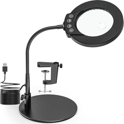 Verstelbare Loep met Verlichting en Stand, 10x 15x LED Desk Loep met Klem en Basis, Ideaal voor Lezen, Hobby's en Reparaties met Meerdere Kleuren en Dimbare Verlichting