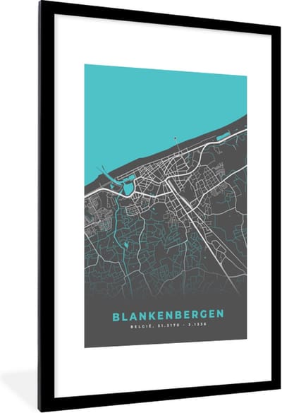 Fotolijst incl. Poster - België – Blankenbergen – Stadskaart – Kaart – Blauw – Plattegrond - 80x120 cm - Posterlijst