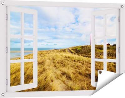 Gards Tuinposter Doorkijk Vuurtoren met Duinen in Texel - 90x60 cm - Tuindoek - Tuindecoratie - Wanddecoratie buiten - Tuinschilderij