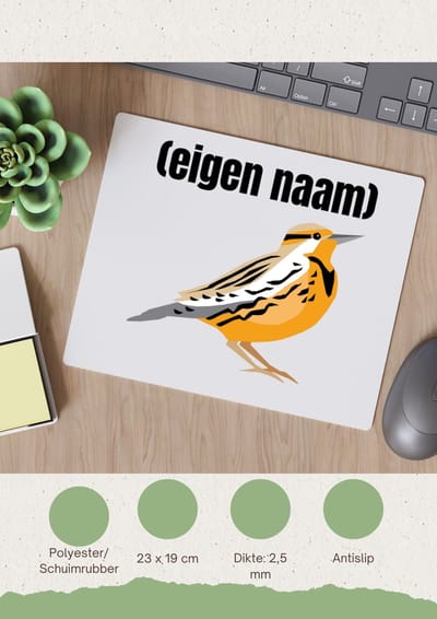 Akyol - oranje mus met eigen naam Muismat - Vogels - dieren liefhebber - iemand die houdt van mussen - verjaardag - cadeau - kado - geschenk - 23 bij 19 cm