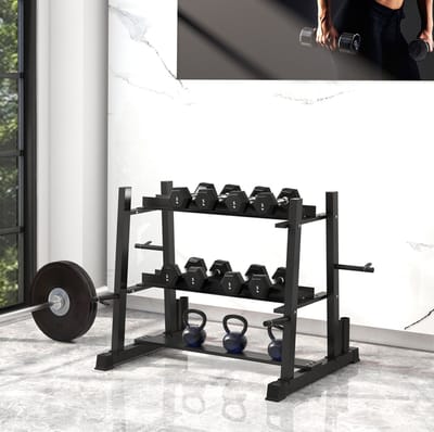 MEUNIQ Hantelstandaard 3 niveaus 131 x 75 x 80 cm met opbergruimte voor dumbbells, kettlebells, halterschijven en 4 halterstangen, staal, zwart