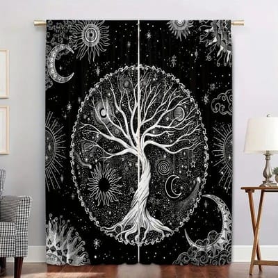 Grafische Gordijnen met Print van Zon, Maan en Sterrenhemel, Gordijnen met Tunnel voor Roede, Woonkamer, Keuken, Kantoor Decoratie Gordijnen, Huisdecoratie W50xH130(CM)x2PCS-Grommet Top