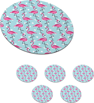 Onderzetters voor glazen - Rond - Flamingo - Stippen - Dieren - Patroon - 10x10 cm - Glasonderzetters - 6 stuks