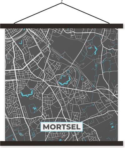 Posterhanger incl. Poster 60x60 cm - Schoolplaat - België – Mortsel – Stadskaart – Kaart – Blauw – Plattegrond - Textielposter - Zwarte latten - Stadskaart