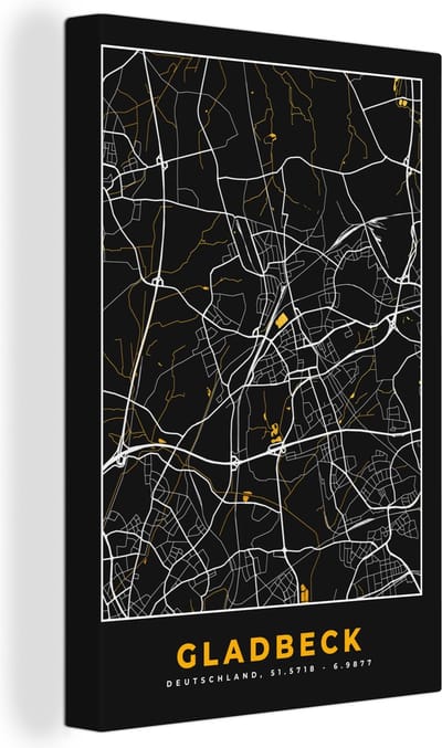 Canvas Schilderij Duitsland – Black and Gold – Gladbeck – Stadskaart – Kaart – Plattegrond - 20x30 cm - Wanddecoratie