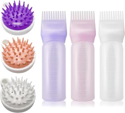 Haarolie Applicator Fles met Scalp Massager en Root Kam - 120ml Haarverf Borstel en Shampoo Borstel (Roze, Wit, Paars) voor Gezond Haar en Hoofdhuidverzorging