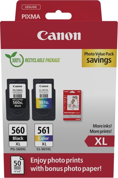 Canon PG-560XL + CL-561XL - Inktcartridges - Origineel - Hoge capaciteit - 50 sheets fotopapier - Zwart en Kleur + Retourzakje