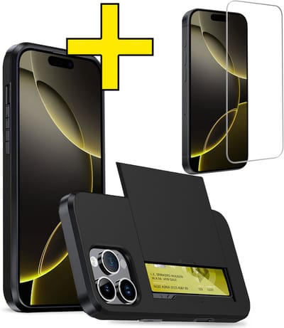 Hoesje Geschikt voor iPhone 16 Pro Hoesje Case Pashouder Hard Cover Met Screenprotector - Hoes Geschikt voor iPhone 16 Pro Hoesje Met Kaarthouder - Zwart