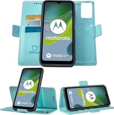 Geschikt voor Motorola Moto E13 - Book Case Hoesje - Uitneembaar Hoesje - Magnetische Sluiting - Portemonnee Baby Blauw