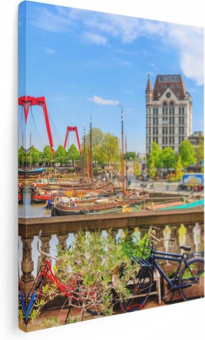 Artaza Canvas Schilderij Skyline Rotterdam - 30x40 cm - Klein - Wanddecoratie Witte Huis - Muurdecoratie Haven - Kamer Accessoires