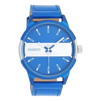 OOZOO Timepieces - Zwarte horloge met jeans blauwe leren band - C11442