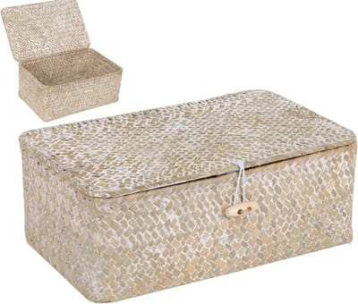 Rectangulaire Wicker Mand met Deksel van Wilg voor het Organiseren van Speelgoed en Kleding - Maat M, Wit en Handgeweven