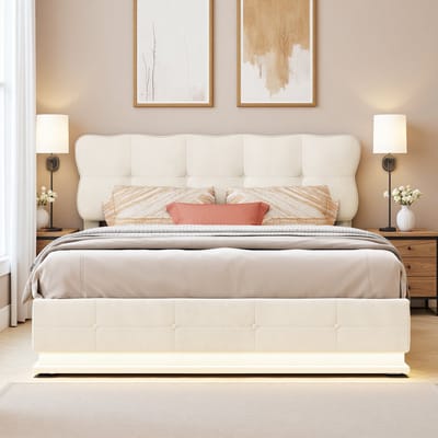 Tweepersoonsbed 140x200cm hydraulisch bed met LED-verlichting en opbergruimte. Gestoffeerd hoofdeinde, breed appartementbed voor jongeren en volwassenen, fluweel, beige, zonder matras