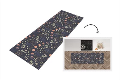 Keukenloper - Loper keuken - Ruimte - Maan - Sterren - Bloemen - Patroon - 150x50 cm - Keukenloper vinyl