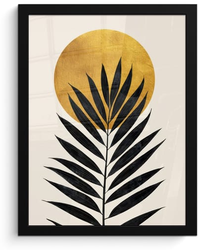 Poster in lijst - Fotolijst 30x40 cm - Posters - Zwart palmblad - Gouden cirkel - Beige achtergrond - Posterlijst zwart - Decoratie - Wanddecoratie woonkamer - Muurdecoratie slaapkamer