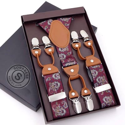 Sorprese - Luxe Chique Bretels - Bordeaux Paisley - Cognac Leer - 6 Stevige Clips - Bretels Heren Volwassenen - Inclusief Cadeaudoos