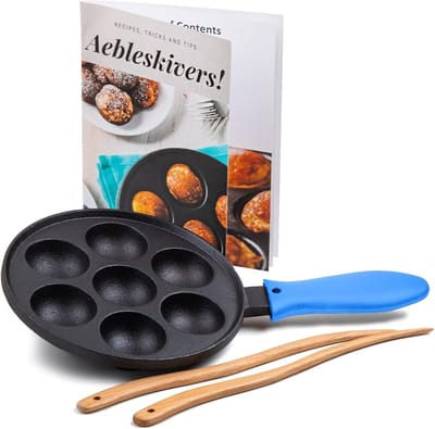 Gietijzeren pan - Deense pannenkoeken - Ontbijt maken - Hittebestendige handgreep - 35 x 21.8 cm - Blauw