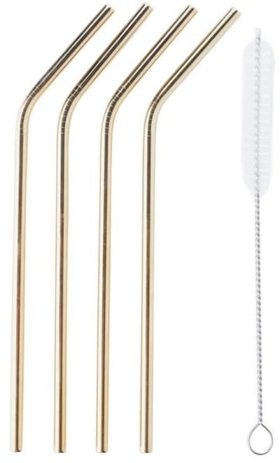 4x RVS rietjes goud met borsteltje 20 cm - Duurzame, milieuvriendelijke drinkrietjes/rietjes van RVS